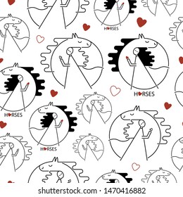 Seamless black and white pattern with horses, minimalistic line art style. Girl hugs horse. Red decorative hearts. Paper design with round elements. White background.