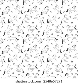 Seamless black and white pattern of horses in various poses with scattered horseshoes on a white background  