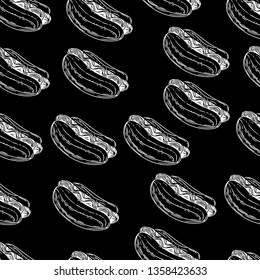 Seamless black and white pattern of hotdogs.