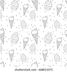 Seamless black and white pattern with ice cream cones and cupcakes doodles. Repeating vector background