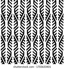 Seamless black and white pattern. Ink simple geometric ornament. Doodle style textile print. Ethnic and tribal motifs. Vector illustration.