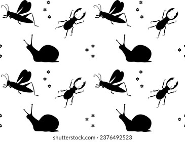 seamless black and white pattern with insects. Snail, grasshopper and horned beetle