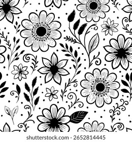 Seamless black and white pattern with intricate, hand-drawn doodle flowers, leaves, and swirls. A detailed and whimsical floral line art illustration perfect for backgrounds and textiles.