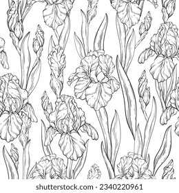 Seamless Black and white pattern with iris flowers and leaves. Spring floral print, decorative botanical background with hand drawn plants. Vector illustration.