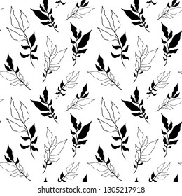 Seamless black and white pattern of isolated branches with leaves on a white background