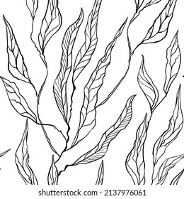 Seamless Black And White Pattern With Large Long Leaves On A Square Background. The Vertical Direction Of The Drawing. Used For Printing On Paper, Fabric, Packaging, Wallpaper. Eps10.