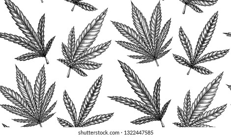 Seamless black and white pattern with leaves of marijuana with hatching.  Vector engraving texture for fabrics, wallpapers and your creativity.