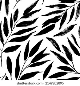 Seamless black and white pattern with leaves. Hand drawn plant black ink silhouettes. For print, textile, web design, home decor, graphic design. Vector abstract botanical ink illustration