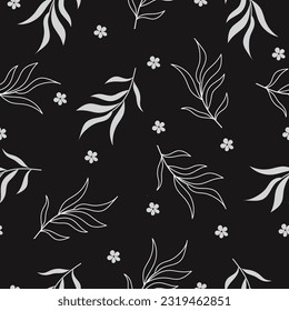 Patrón blanco y negro sin fisuras con fondo de hojas y flores