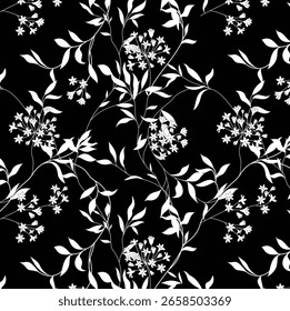 Patrón blanco y negro sin fisuras con hojas y flores. Fondo herbal decorativo. Ilustración vectorial. 