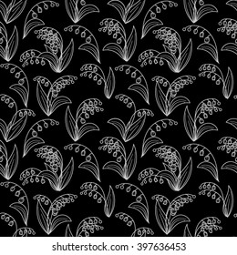 Patrón blanco y negro impecable con lirios del valle sobre fondo negro. Vector: 10.