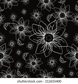 Seamless black and white pattern with white line flowers on black background, clipping mask is used, vector illustration