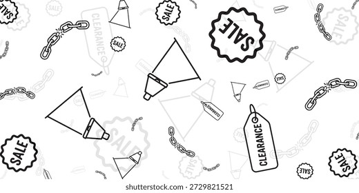 Un patrón blanco y negro sin fisuras con iconos de línea de arte: insignias de "VENTA", etiquetas de "LIQUIDACIÓN", megáfonos y cadenas rotas, que representan descuentos y promociones.