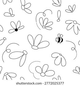 A seamless black and white pattern of linear flowers and a cheerful bee. Coloring template.