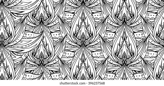 Seamless black and white pattern with Lotus with boho pattern. Vector element for spa centers, yoga studios. Hand drawn. Doodle elements for your design. Coloring for adults