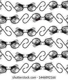 Seamless black and white pattern with male eyes in oval glasses. Pattern on the theme of fashion, ophthalmology or science.