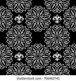 Seamless black and white pattern with mandalas, Oriental seamless pattern of mandalas. Vintage decorative elements. Islam, Arabic, Indian, ottoman motifs. Perfect for printing on fabric or paper.