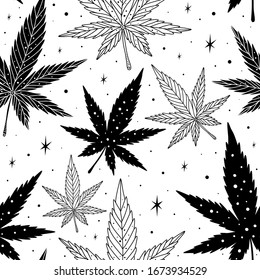 Seamless black and white pattern with marijuana leaf. Hand drawn doodle cannabis background. 