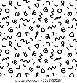 Seamless black and white pattern in memphis style. Abstract vector background with simple doodles, dashes, shapes. For fabric, stationery, wrapping paper, posters, digital, creative branding
