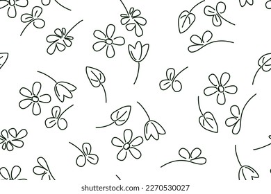 Nahtloses schwarz-weißes Muster. minimalistischer Stil. Blume, Tulpe, Blätter, ein Strichstil. einfarbiger Hintergrund. Handgezeichnet abstrakter botanischer Druck.