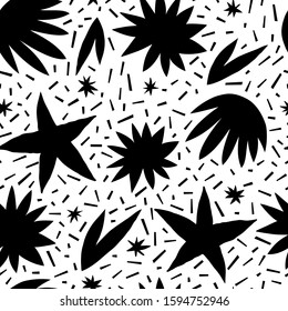 
Seamless black and white pattern with a modern cute ornament in the form of exotic flowers and stars. Vector illustration for printing textile, wrapping paper, packaging or wallpaper.