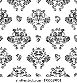 Seamless black and white pattern with monograms in the Baroque style. Good for garments, textiles, backgrounds and prints. Vector 