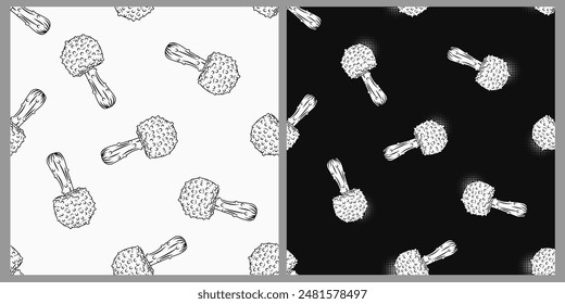 Seamless black and white pattern with mushroom fly agaric. Loose composition. Illustrations on black, white background.