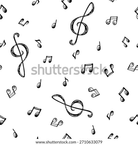A seamless black and white pattern with music notes and a treble clef. Vector ink illustration for cards and wrapping paper.