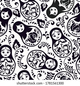 Seamless black and white pattern with nesting doll. Traditional  ethnic ornament. Vector print. Use for wallpaper, pattern fills,textile design