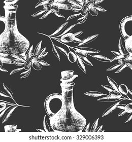 Seamless black and white pattern with olive oil and olive branches. Hand drawn sketch. Vector illustration