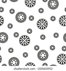 Seamless black and white pattern. On a white background, circles of different sizes, painted in ethnic style, are randomly arranged. Vector illustration.