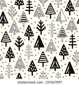 Seamless black and white pattern with ornamental trees. Endless graphic texture, template for design and decoration