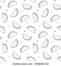 Seamless black and white pattern with outline mexican tacos in tortilla. Vector illustration in flat cartoon style