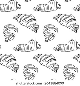 Seamless black white pattern, outline images of croissants, pastries in handdrawn illustration style