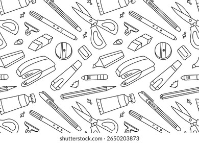 Seamless black and white pattern in outline style with school and office stationery. Flat vector illustration with pens, pencils, scissors, erasers, sharpeners. Back to school, education, supplies