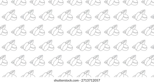 Patrón blanco y negro sin fisuras de granos de café de estilo de dibujo de contorno con una hoja, que se repite sobre un fondo blanco.