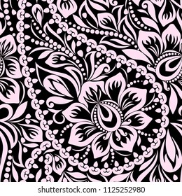 Seamless black and white pattern with paisley and flowers. Traditional ethnic ornament, vector background.