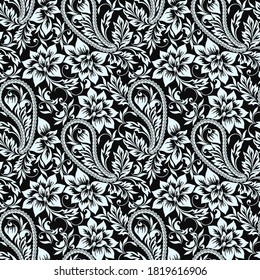 Seamless black and white pattern with paisley and flowers. Traditional ethnic ornament, vector background.