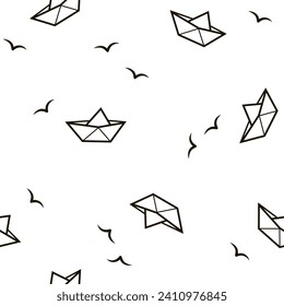 Seamless black and white pattern with paper boats and seagulls. Vector illustration. Illustration for print, packaging, fabric.