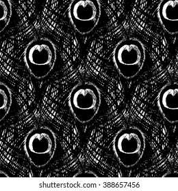 Seamless black and white pattern with peacock feathers. Stock vector.