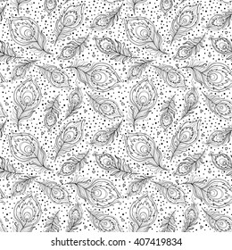 Seamless black and white pattern with peacock feathers. Page for coloring book.