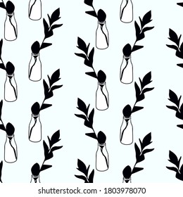 Seamless black and white pattern with plant in glass bottle. Vector illustration
