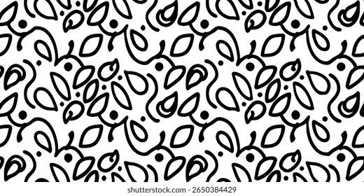 A seamless black and white pattern with a playful, organic feel. It features stylized leaves, swirling vines, and small dots, evoking a sense of nature.
