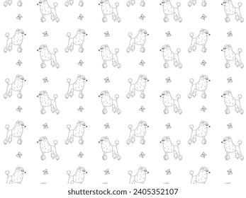Seamless black and white pattern of poodles and butterflies. Pets, dog, a children's cartoon pattern