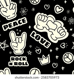 Seamless black and white pattern with rock and roll gestures, peace signs, hearts, stars, graffiti style text for wallpapers, textiles, posters, merchandise, packaging, wrapping , apparel.Vector 