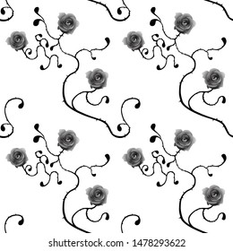 Seamless black and white pattern with roses and brances. Monochrome repetitive pattern.
