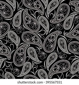 Seamless black and white pattern with roses and paisley. Traditional ethnic  ornament - vector picture.