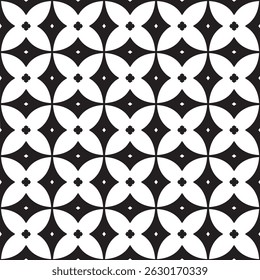 Seamless Black and White Pattern with Rounded Floral Shapes and Small Diamond Accents