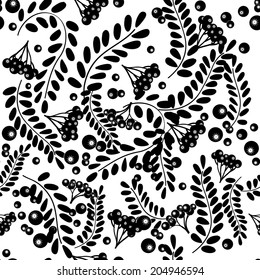 Seamless black and white pattern with rowan berries and leaves