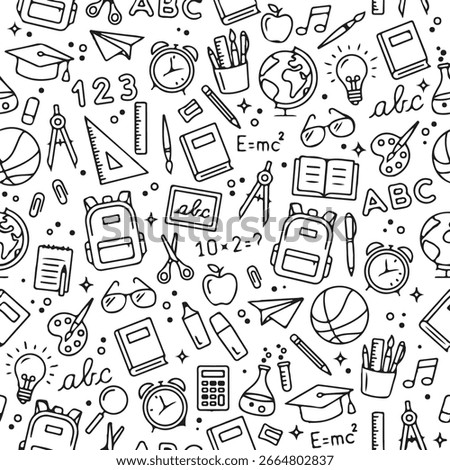 Seamless black and white pattern of school doodles. Hand-drawn line art illustration featuring education and science icons like books, backpacks, and globes. A fun back-to-school background.